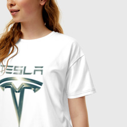 Женская футболка хлопок Oversize Tesla Logo Тесла Логотип Карбон - фото 2