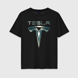 Женская футболка хлопок Oversize Tesla Logo Тесла Логотип Карбон