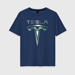 Женская футболка хлопок Oversize Tesla Logo Тесла Логотип Карбон