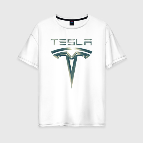 Женская футболка хлопок Oversize Tesla Logo Тесла Логотип Карбон, цвет белый