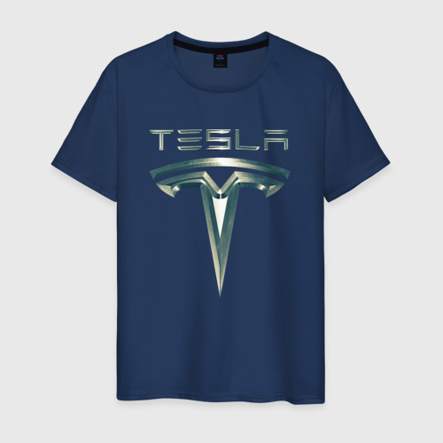 Мужская футболка хлопок Tesla Logo Тесла Логотип Карбон, цвет темно-синий