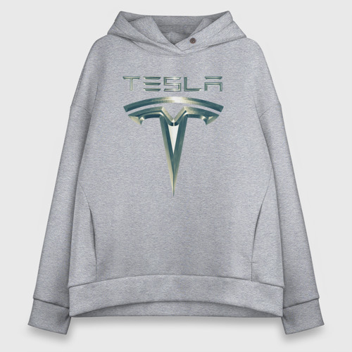 Женское худи Oversize хлопок Tesla Logo Тесла Логотип Карбон, цвет меланж