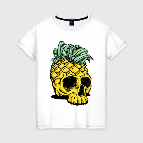 Женская футболка хлопок с принтом Череп-ананас / Лето, вид спереди #2