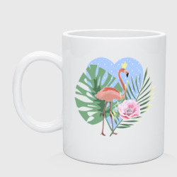 Кружка керамическая Розовый фламинго на фоне пальмовых листьев и сердца