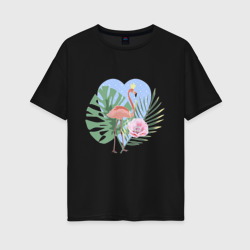 Женская футболка хлопок Oversize Розовый фламинго на фоне пальмовых листьев и сердца