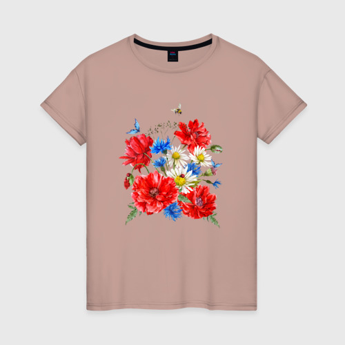 Женская футболка хлопок с принтом Летний букет мак василек ромашка цветы лето, вид спереди #2