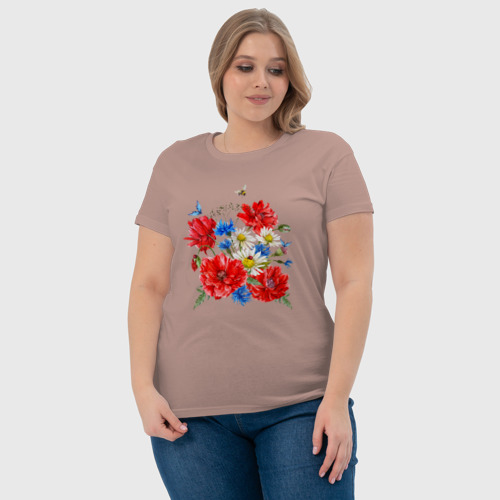 Женская футболка хлопок с принтом Летний букет мак василек ромашка цветы лето, фото #4