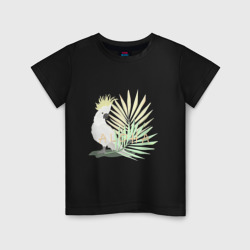 Детская футболка хлопок Белый попугай с хохолком на фоне листьев пальмы