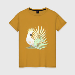 Женская футболка хлопок Белый попугай с хохолком на фоне листьев пальмы