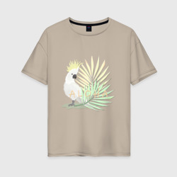 Женская футболка хлопок Oversize Белый попугай с хохолком на фоне листьев пальмы
