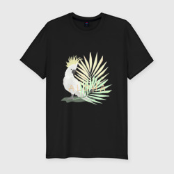 Мужская футболка хлопок Slim Белый попугай с хохолком на фоне листьев пальмы