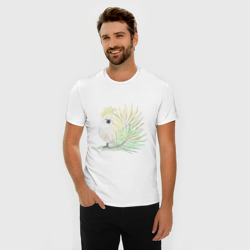 Мужская футболка хлопок Slim Белый попугай с хохолком на фоне листьев пальмы - фото 2