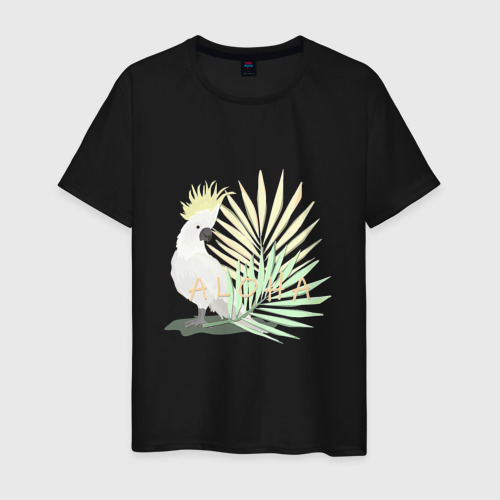 Мужская футболка хлопок Белый попугай с хохолком на фоне листьев пальмы, цвет черный