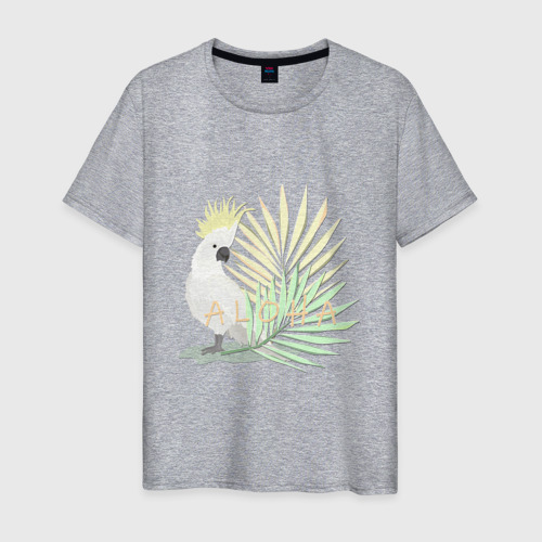 Мужская футболка хлопок Белый попугай с хохолком на фоне листьев пальмы, цвет меланж