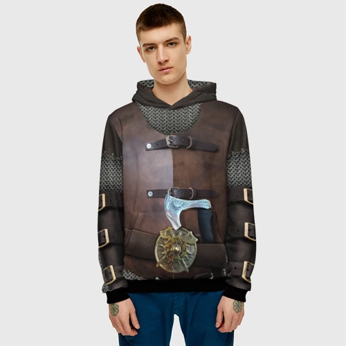 Мужская толстовка 3D с принтом Кожаный славянский доспех с топором, фото на моделе #1