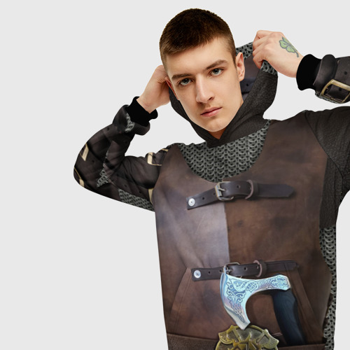 Мужская толстовка 3D с принтом Кожаный славянский доспех с топором, вид сбоку #3