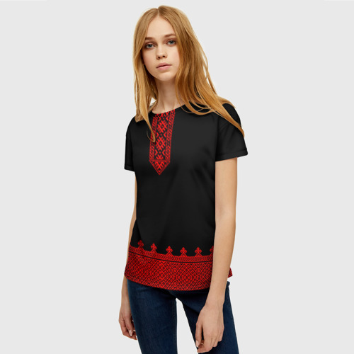 Женская футболка 3D Черная славянская рубаха вышиванка, цвет 3D печать - фото 3
