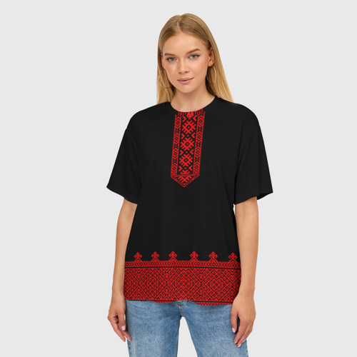 Женская футболка oversize 3D Черная славянская рубаха вышиванка, цвет 3D печать - фото 3