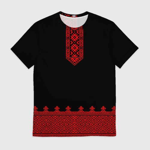 Мужская футболка 3D с принтом Черная славянская рубаха вышиванка, вид спереди #2