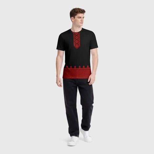 Мужская футболка 3D с принтом Черная славянская рубаха вышиванка, вид сбоку #3