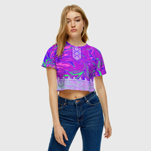 Женская футболка Crop-top 3D Славянская голографическая рубаха вышиванка, цвет 3D печать - фото 3