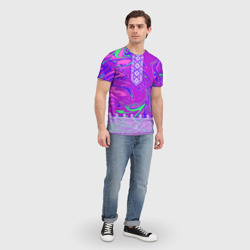 Футболка с принтом Славянская голографическая рубаха вышиванка для мужчины, вид на модели спереди №3. Цвет основы: белый