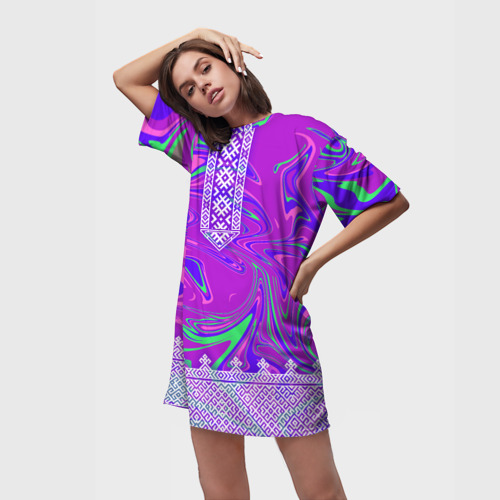 Платье-футболка 3D Славянская голографическая рубаха вышиванка, цвет 3D печать - фото 3