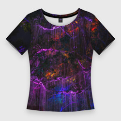 Женская футболка 3D Slim Неоновые лучи и листья - Фиолетовый