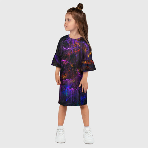 Детское платье 3D с принтом Неоновые лучи и листья - Фиолетовый, фото на моделе #1