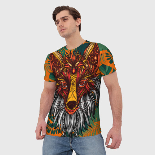 Мужская футболка 3D Рыжая Лиса африканский узор Разноцветная лисичка, цвет 3D печать - фото 3