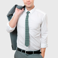 Галстук с принтом Мелкий бирюзовый клетчатый узор для мужчины, вид на модели спереди №3. Цвет основы: белый