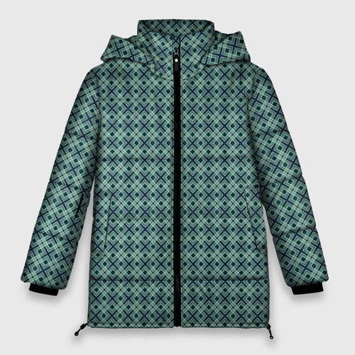 Женская зимняя куртка оверсайз с принтом Мелкий бирюзовый клетчатый узор, вид спереди №1