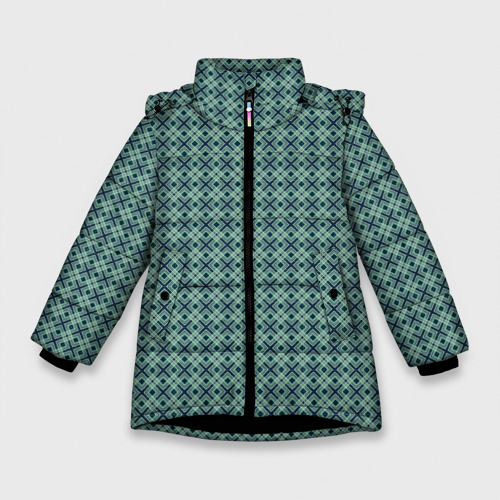 Зимняя куртка для девочек с принтом Мелкий бирюзовый клетчатый узор, вид спереди №1