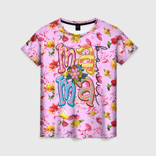 Женская футболка с принтом Слово мама в цветочках, вид спереди №1