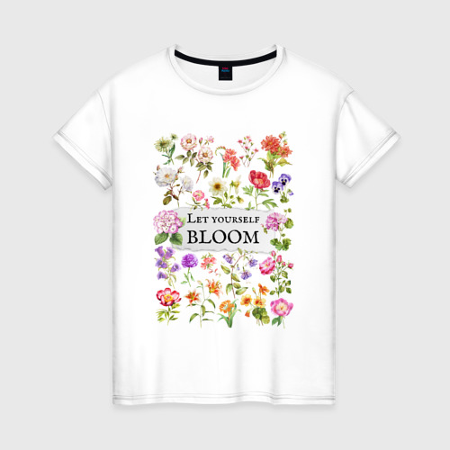 Женская футболка из хлопка с принтом Позволь себе расцвести разные цветы ботаника акварель, вид спереди №1