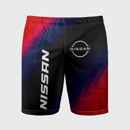 Мужские шорты спортивные с принтом Nissan Красный Карбон, вид спереди #2