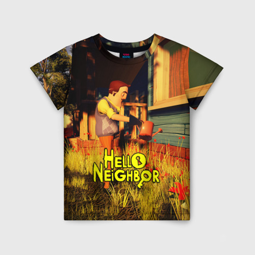 Детская футболка с принтом Hello Neighbor Привет сосед поливает, вид спереди №1