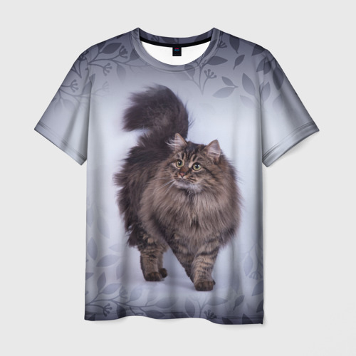 Мужская футболка с принтом Красивый сибирский котик, вид спереди №1
