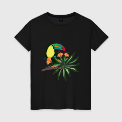Женская футболка хлопок Птица тукан с цветами и листьями