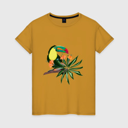 Птица тукан с цветами и листьями – Женская футболка хлопок с принтом купить со скидкой в -20%