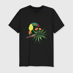 Мужская футболка хлопок Slim Птица тукан с цветами и листьями
