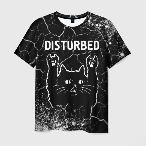 Мужская футболка с принтом Группа Disturbed и Рок Кот, вид спереди №1
