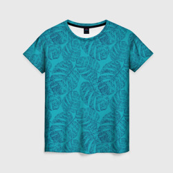 Женская футболка 3D Синие листья монстеры на голубом