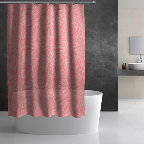 Штора 3D для ванной Бежевые листья монстеры на розовом - фото 2