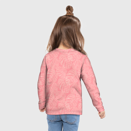 Детский лонгслив 3D с принтом Бежевые листья монстеры на розовом, вид сзади #2