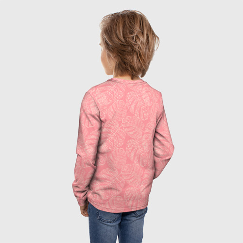 Детский лонгслив 3D с принтом Бежевые листья монстеры на розовом, вид сзади #2