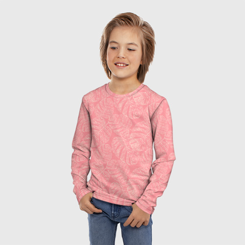 Детский лонгслив 3D с принтом Бежевые листья монстеры на розовом, фото на моделе #1