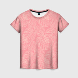Бежевые листья монстеры на розовом  – Женская футболка 3D с принтом купить со скидкой в -23%