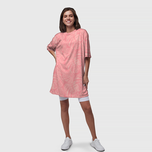 Платье-футболка 3D Бежевые листья монстеры на розовом, цвет 3D печать - фото 5