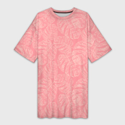 Платье-футболка 3D Бежевые листья монстеры на розовом
